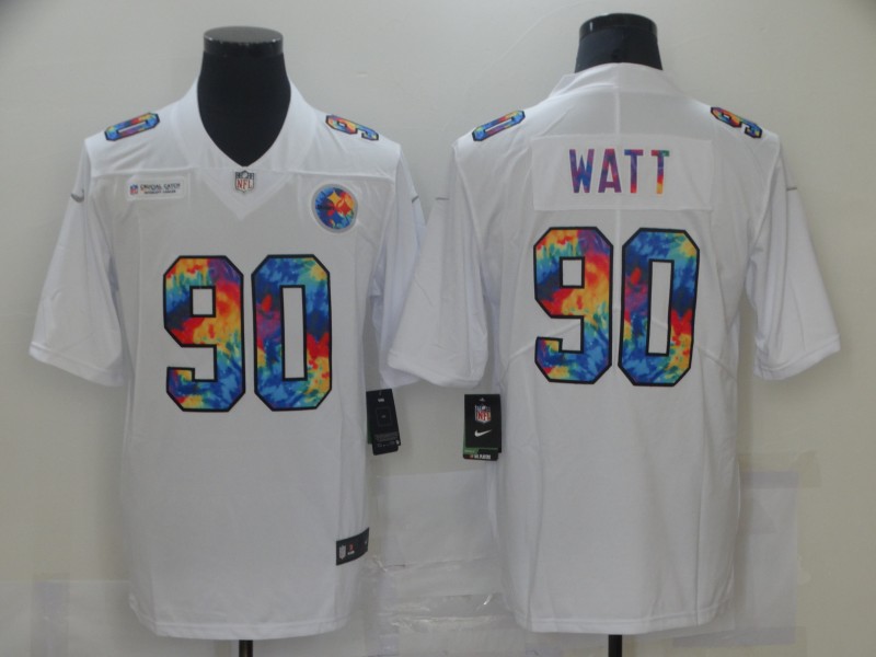 Men Pittsburgh Steelers #90 T.J. Watt White Nike Rainbow version 2021 NFL Jersey